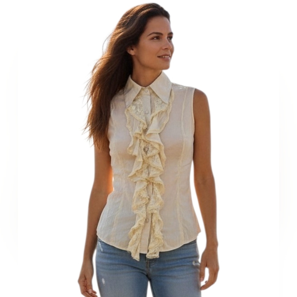 Ruffle Front Sleeveless Blouse Pale Yellow Small Broomstick Boho